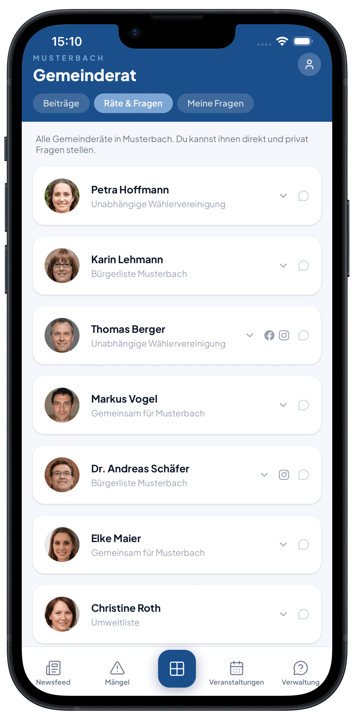 Übersicht der Gemeinderätinnen und Gemeinderäte in Musterbach