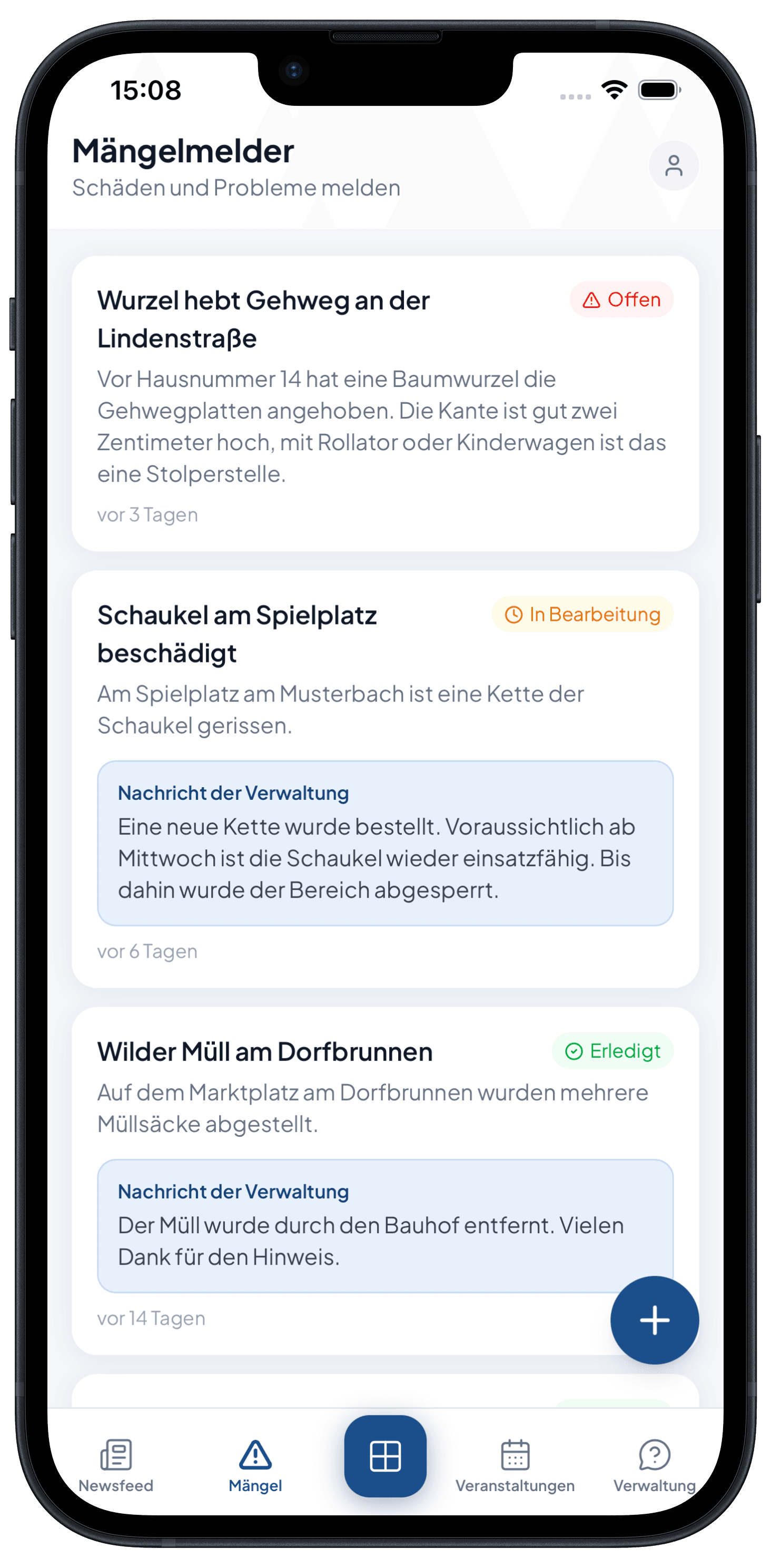 Mängelmelder mit Statusverfolgung und Antworten der Verwaltung