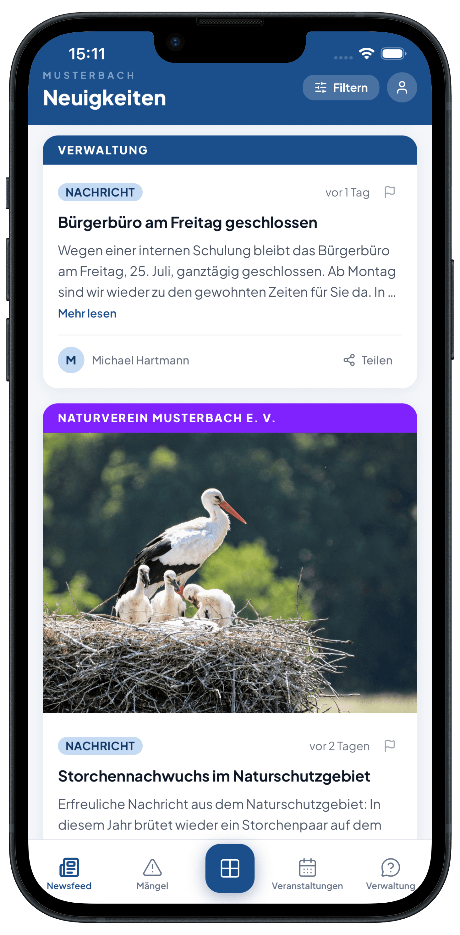 Newsfeed mit Beiträgen von Verwaltung und Vereinen